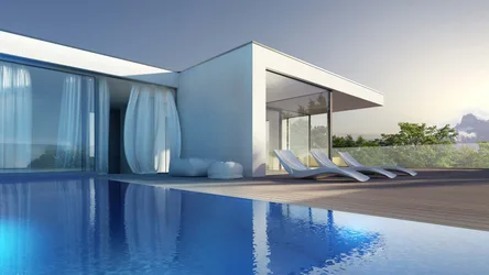 Modern Luxury Pool House with Terrace and Lounge Chairs - free wallpaper 1920×1080