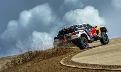 Red Bull Peugeot Rally Car Drifting On Desert Sand - free wallpaper 4500×2680