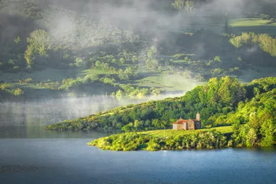 Church on Misty River Valley with Forest Hills - free wallpaper 6144×4096