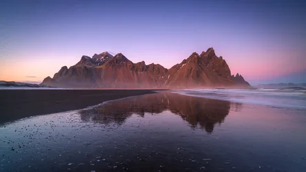 Vestrahorn Mountain Reflected in Icelandic Beach Waters - free wallpaper 6144×3456