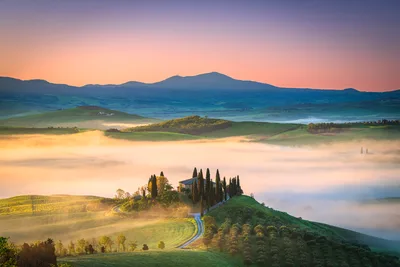 Tuscan Villa at Sunrise with Cypress Trees and Misty Valley - free wallpaper 6144×4096