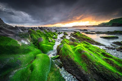 Moss-Covered Rocky Coastline at Dramatic Sunset - free wallpaper 6144×4096