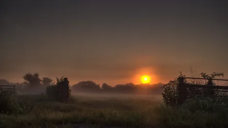 Misty Sunrise Over Rural Farmland with Gates - free wallpaper 7368×4145