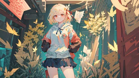 Anime Girl in Autumn Alley with Falling Leaves - free wallpaper 4096×2304