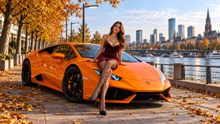 Woman Posing with Orange Sports Car by River - free people & portraits wallpaper 8360×4705