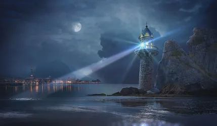 Lighthouse Beacon Sweeping Over Moonlit Coastal Waters - free photography wallpaper 1920×1118