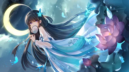 Anime Girl with Flowing Hair Among Luminous Flowers - free anime wallpaper 1920×1080