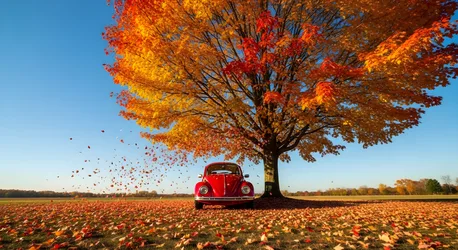 Red Volkswagen Beetle Under Autumn Maple Tree - free cars & vehicles wallpaper 3960×2160