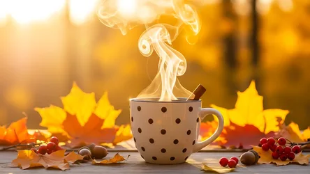 Steaming Autumn Coffee Cup with Fall Leaves and Berries - free food wallpaper 4095×2304