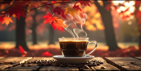 Steaming Coffee Cup in Autumn Forest Scene - free food wallpaper 4950×2505