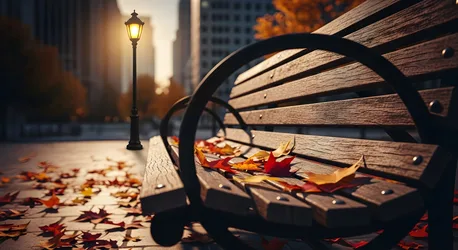 Autumn Park Bench with Fallen Leaves and Street Lamp - free photography wallpaper 3960×2160