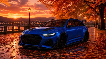 Blue Sports Car at Sunset in Autumn Park - free cars & vehicles wallpaper 8360×4705