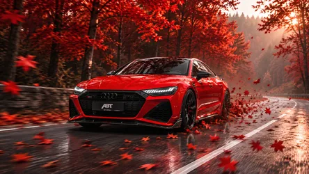 Red Audi Sports Car on Autumn Road with Falling Leaves - free cars & vehicles wallpaper 8360×4705