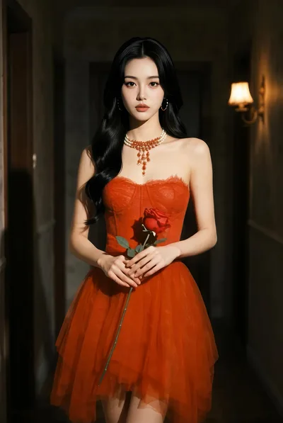 Woman in Red Dress Holding Rose in Elegant Hallway - free people & portraits wallpaper 4828×7200