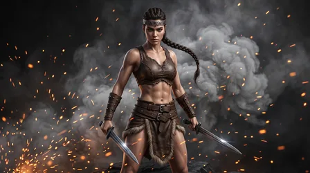 Warrior Woman with Swords in Flame-Filled Battle Scene - free people & portraits wallpaper 2752×1536