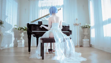 Anime Girl Playing Grand Piano in Elegant White Room - free wallpaper 7008×3944