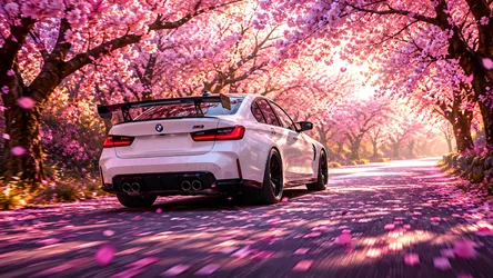 White BMW M3 on Cherry Blossom Tree-Lined Road - free cars & vehicles wallpaper 8360×4705