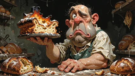 Baker Presenting Flaming Bread in Rustic Kitchen - free cartoons & comics wallpaper 4088×2296