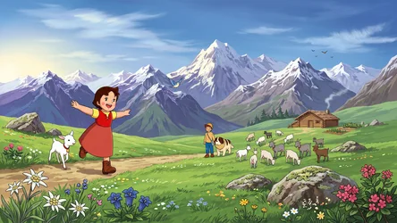Alpine Valley Scene With Girl, Boy, and Goat Herds - free cartoons & comics wallpaper 2730×1536