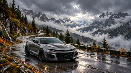 Silver Chevrolet Camaro ZL1 on Mountain Road in Alps - free cars & vehicles wallpaper 8360×4705