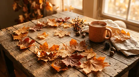 Autumn Tea by Window with Fall Leaves and Pinecones - free nature wallpaper 4416×2464