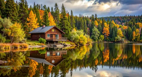 Lakeside Log Cabin in Autumn Forest - free wallpaper 3960×2160