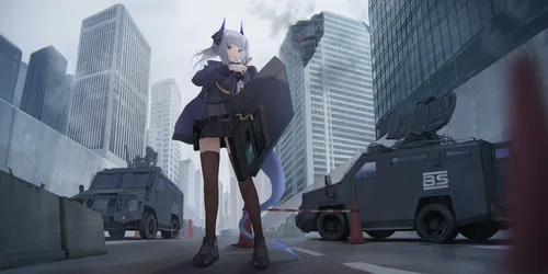 Anime Girl with Horns in Urban Cityscape - free anime wallpaper 3750×1875