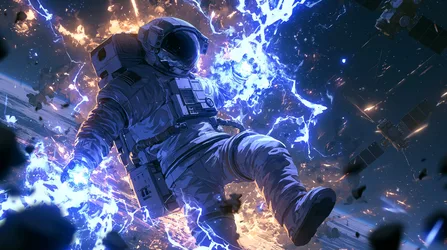 Astronaut Floating Through Electric Blue and Orange Energy - free space wallpaper 2944×1648