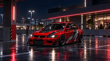 Red Mitsubishi Evolution X in Neon-Lit Urban Garage - free cars & vehicles wallpaper 8360×4705