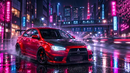 Red Mitsubishi Evo in Neon-Lit Tokyo Street - free cars & vehicles wallpaper 8360×4705