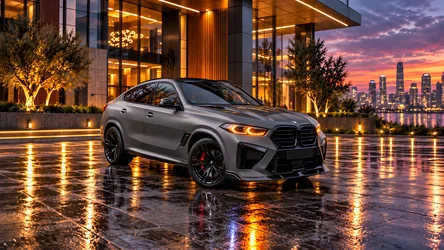 Silver BMW SUV on Wet Urban Plaza at Sunset - free cars & vehicles wallpaper 8360×4705