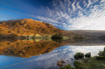 Mountain Lake Reflection with Golden Hillside - free wallpaper 5906×3936
