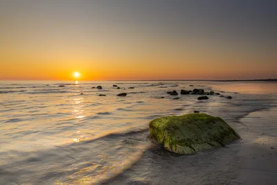 Sunset Beach With Moss-Covered Rock And Waves - free landscapes wallpaper 5671×3781