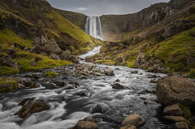 Waterfall and Mountain Stream in Lush Valley - free landscapes wallpaper 3600×2395