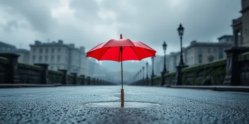 Red Umbrella on Wet Street in European City - free photography wallpaper 5000×2500