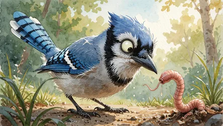 Blue Jay Cartoon Character With Worm in Forest - free cartoons & comics wallpaper 4095×2303