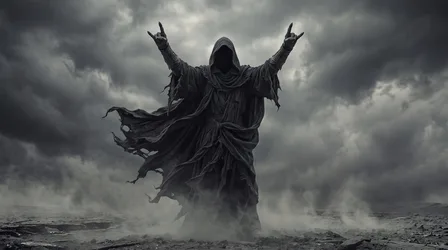 Dark Hooded Figure with Raised Arms in Stormy Mist - free wallpaper 2752×1536