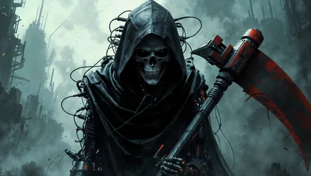 Cyberpunk Skull Warrior with Red Axe in Dystopian City - free dark wallpaper 3864×2184