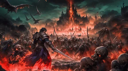 Dark Warrior Battles Undead Army Before Burning Castle - free fantasy wallpaper 2912×1632