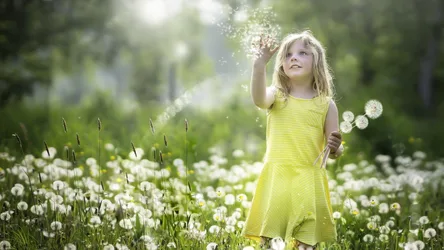 Young Girl in Yellow Dress Blowing Dandelions in Field - free people & portraits wallpaper 3891×2189