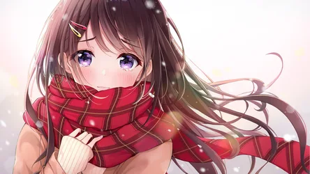 Anime Girl in Red Plaid Scarf Winter Portrait - free anime wallpaper 3490×1963
