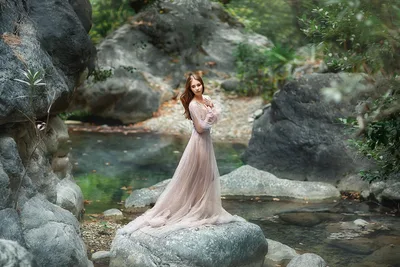 Woman in Flowing Gown by Rocky Stream - free wallpaper 2100×1400