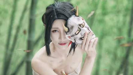 Woman Holding Demonic Mask in Bamboo Forest - free wallpaper 2048×1152