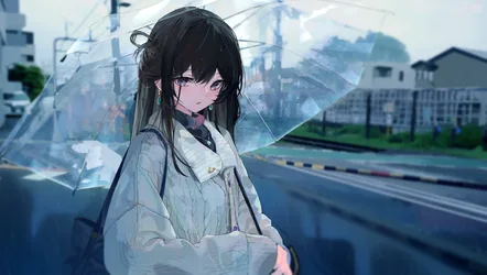 Anime Girl With Umbrella In Urban Rainy Setting - free anime wallpaper 4912×2779
