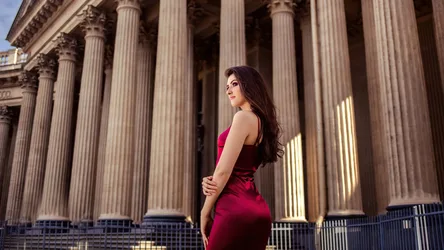 Woman in Red Dress Before Classical Columns - free people & portraits wallpaper 2560×1440