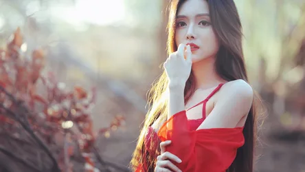 Woman in Red Dress Among Autumn Flowers at Sunset - free people & portraits wallpaper 2048×1152