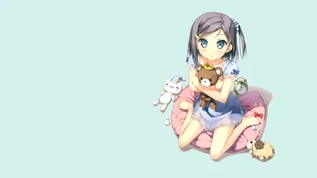 Anime Girl With Teddy Bear and Toys on Light Blue Background - free cartoons & comics wallpaper 1920×1080