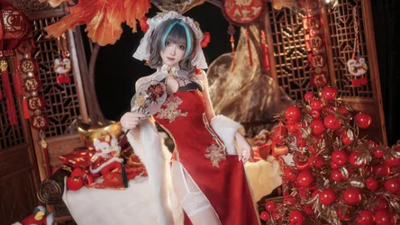 Anime Character in Red Cheongsam with Chinese Festival Decor - free fantasy wallpaper 9504×5345