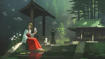 Woman in Traditional Dress Holding Fox Mask by Temple - free anime wallpaper 2400×1350