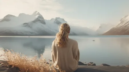 Woman Contemplating Snow-Capped Mountains by Lake - free people & portraits wallpaper 5888×3264